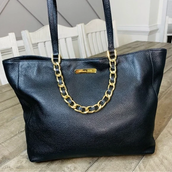 Michael Kors Harper East West Soft Navy  Pebbled Leather Chain Tote Shoulder Bag - Picture 2 of 10